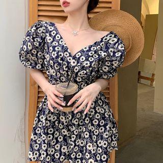 Puff-sleeve Floral Cutout-back Romper
