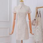 Faux Pearl Mandarin Collar Short-sleeve A-line Dress