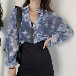 Long-sleeve Tie-dye Print Shirt / Slit Mini A-line Skirt