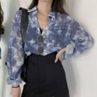 Long-sleeve Tie-dye Print Shirt / Slit Mini A-line Skirt