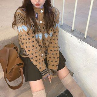 Plain Turtle-neck Long-sleeve Top / Pattern Cardigan / Pleated Skirt
