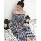 Check Off-shoulder Long-sleeve Midi A-line Dress