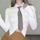 Long-sleeve Button-up Crop Top With Plaid Neck Tie