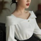 Long-sleeve Faux Pearl Blouse / Midi A-line Skirt