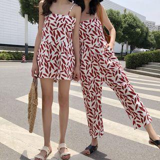 Spaghetti Strap Leaf Print Playsuit / Jumpsuit