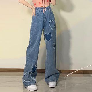 Mid Rise Heart Embroidered Wide Leg Jeans