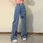 Mid Rise Heart Embroidered Wide Leg Jeans