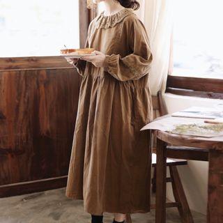 Long-sleeve Eyelet Collar A-line Midi Dress Dark Khaki - One Size