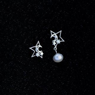 Non-matching 925 Sterling Silver Faux Pearl Moon & Star Earring 1 Pair - Silver - One Size