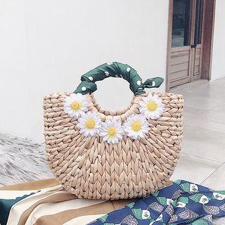 Flower Accent Straw Handbag