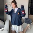 Long-sleeve Shirt / Embroidered Sweater / Mini A-line Pleated Skirt