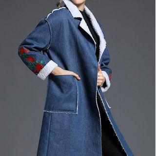 Flower Embroidered Fleece Lined Long Denim Jacket