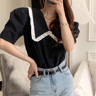 Color Block Ruffle Lapel Puff Short Sleeve Shirt