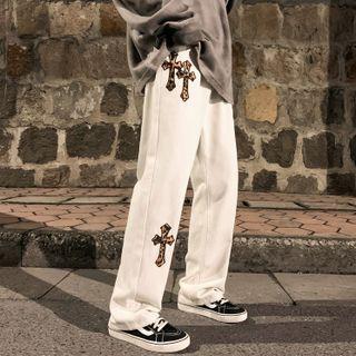 Leopard Print Cross Applique Straight Leg Jeans