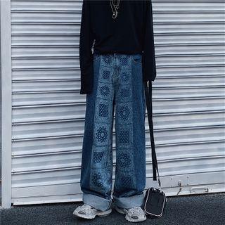 Patterned Wide Leg Jeans