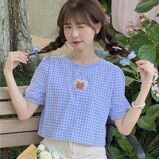Short-sleeve Plaid Bear Print Top