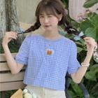 Short-sleeve Plaid Bear Print Top