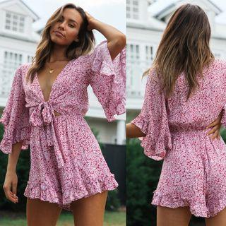 Elbow-sleeve Floral Print Ruffled Playsuit