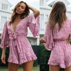 Elbow-sleeve Floral Print Ruffled Playsuit