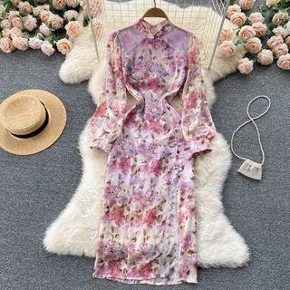 Sheer Off-shoulder Slit Floral Long-sleeve Dress
