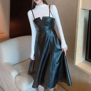 Mock Neck Long Sleeve T-shirt / Faux Leather Dress