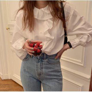 Puff-sleeve Ruffle Trim Buttoned Blouse White - One Size