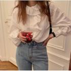 Puff-sleeve Ruffle Trim Buttoned Blouse White - One Size