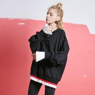 Contrast Hem Lace-up Hooded Sweatshirt