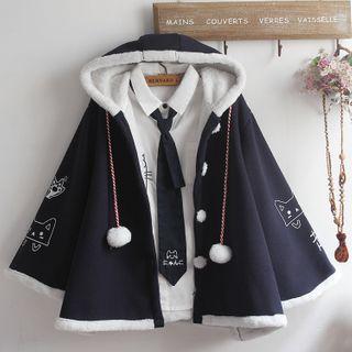 Cat Print Fleece-lined Hoodie / Long-sleeve Shirt / Set