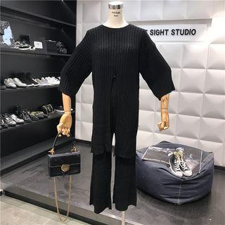 Set: 3/4-sleeve Slit Long Sweater + Wide-leg Pants