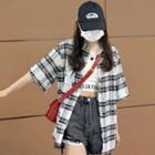 Short-sleeve Plaid Distressed Shirt