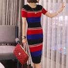 Short-sleeve Striped Midi Knit Sheath Dress Stripes - One Size