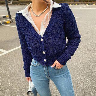 Padded-shoulder Cropped Tweed Cardigan