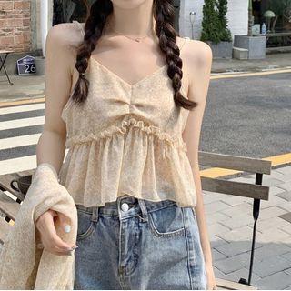 Floral Print Frill Trim Camisole Top / Chiffon Shirt