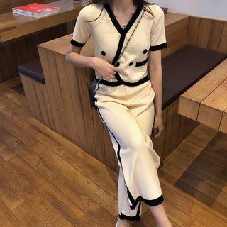 Set: Contrast Trim Short-sleeve Blouse + Cropped Wide-leg Pants
