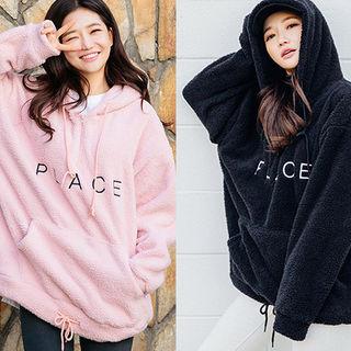 Hooded Kangaroo-pocket Lettering Fleece Pullover