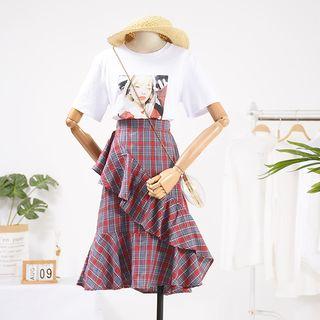 Midi A-line Plaid Skirt Red - S