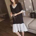 Elbow-sleeve V-neck Mock Two Piece Dress