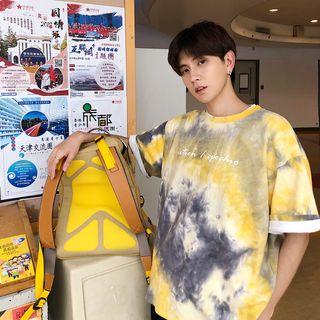 Couple Matching Elbow-sleeve Letter Tie Dye T-shirt