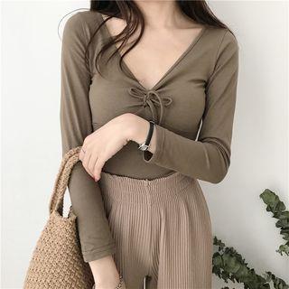 Long-sleeve V-neck Bow-tied Top