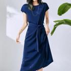Short-sleeve Tie-waist Slit Midi A-line Dress