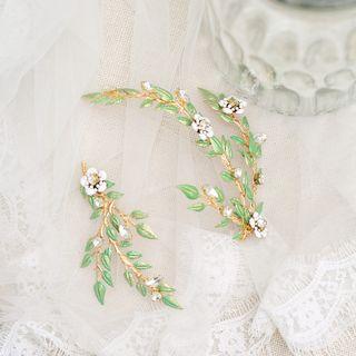 Wedding Rhinestone Branches Hair Clip Set Of 2 - Hair Clip - Leaf - Green - One Size