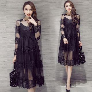 Set: Spaghetti Strap Mini Slipdress + Long-sleeve Lace Panel Mini Dress