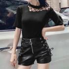Set: Short-sleeve Lace-up Knit Top + Faux Leather Shorts