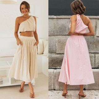Set: One-shoulder Crop Tank Top + Midi A-line Skirt