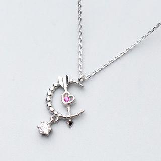 925 Sterling Silver Moon & Cupids Arrow Heart Pendant Necklace