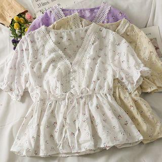 Tie-waist Lace-trim V-neck Blouse In 6 Colors