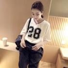 Stripe Trim V-neck Elbow-sleeve T-shirt