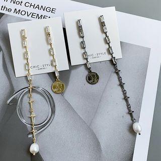 Non-matching Alloy Coin Faux Pearl Dangle Earring