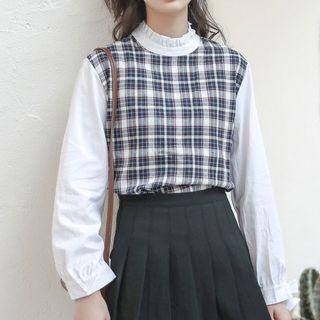Plaid Panel Long-sleeve Top Blue - One Size